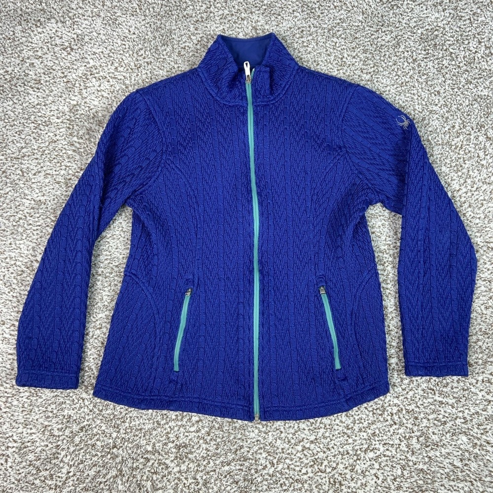 Spyder Jacket Womens L Blue Knit Fleece Lined Full Zip Outdoor Ski Core Sweater